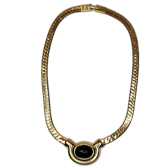 NapierGold and Black Oval Stone Herringbone Necklace